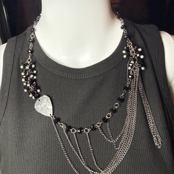 Black and Silver Chain Necklace with Jim Dunlop Guitar Pick Pendant - Picture 2 of 6